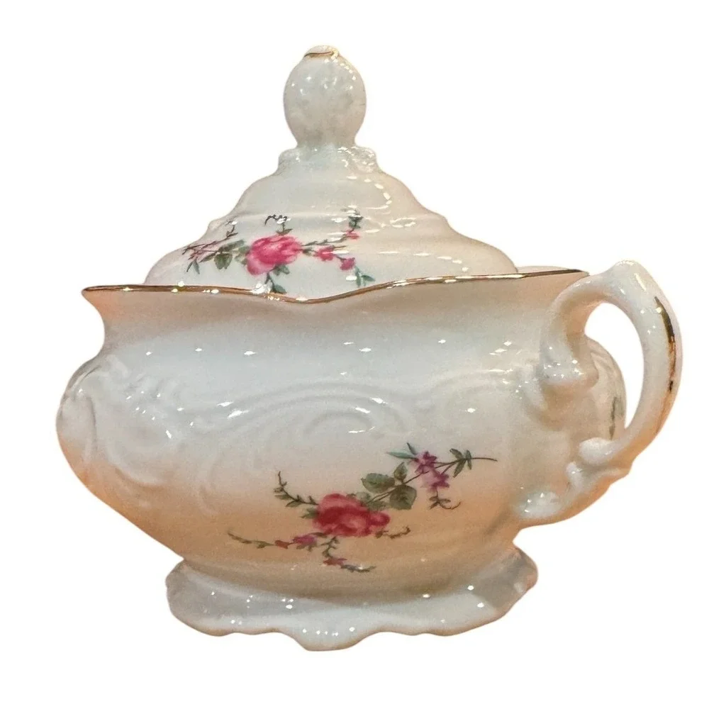 Wawel Vintage Porcelain Floral Sugar Bowl with Lid Gold Trim Pink Roses Embossed